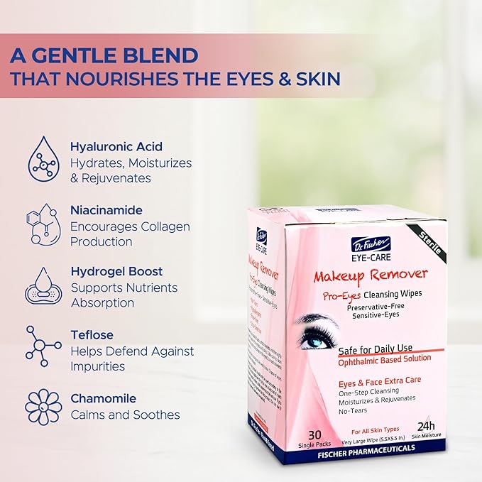 Dr. Fischer Makeup Remover Wipes - Sensitive Skin Formula, Individually Sealed, No Rinse, Eyes and Face Safe