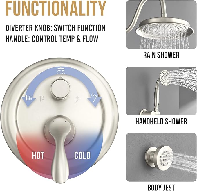 DASAN Antique Shower Faucet Sets Complete Rain Shower System in Wall with Body Shower Spray Jets, Brushed Nickel Shower Fixtures with Rainfall Overhead Shower, Handheld, Shower Valve &Trim, AT249C-BN