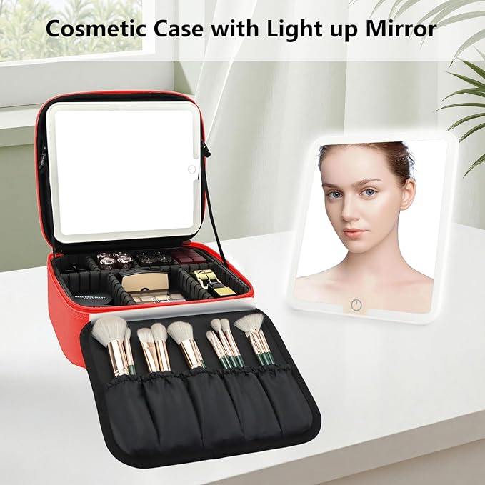 SLUMAZI Travel Makeup Bag with LED Mirror Travel Makeup Organizer with 3 Lighted Settings, Adjustable Dividers and Makeup Brush Storage Bag Red