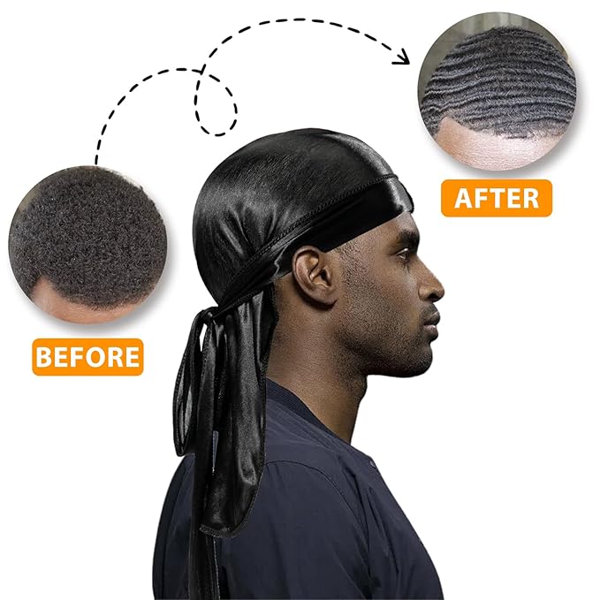 Silky Durags for Men Wave Pomade Strong Hold Easy Wash 360 Wave Training Hair Cream, Wave Butter Waves Grease for Men Promotes Layered Waves Silky Satin Durag Extra Long Tails Wave Brush Wave Cap Set