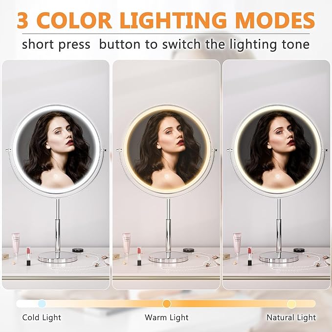 Hasipu 10” LED Makeup Mirror with 1X/10X Magnification - Rechargeable Vanity Mirror, 3 Color Modes, Touch Control, 360° Rotation & Height Adjustable Nickel