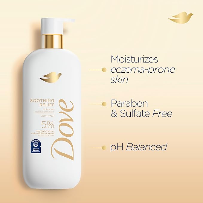 Dove Fragrance Free Body Wash Soothing Relief Moisturizes eczema-prone skin 5% nourishing serum with colloidal oatmeal 18.5 oz