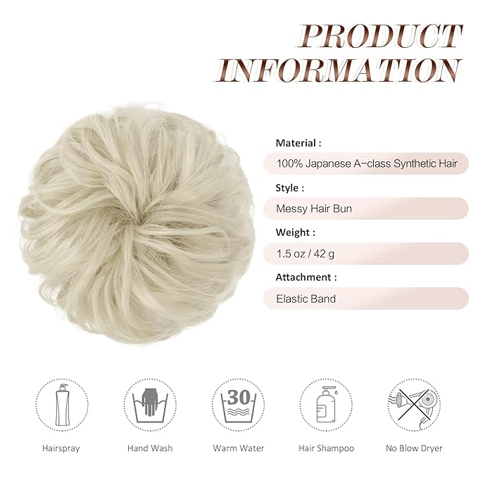FESHFEN Messy Bun Hair Piece - Wavy Synthetic Chignon Scrunchies for Instant Volume, Elastic Bun Ponytail Hair Extensions Thick Hairpieces for Women, Ash Platinum Blonde 1.50 oz