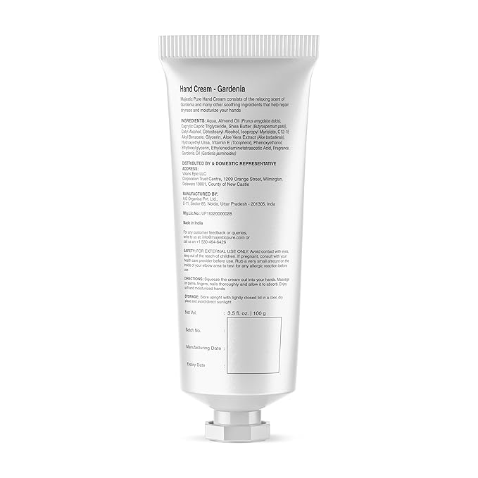 Majestic Pure, Gardenia Hand Cream | 100% Pure & Natural | Helps in Nourishment and Soft Hands | Almond Oil, Aloe Vera Extract, Shea Butter | 3.5 Fl Oz