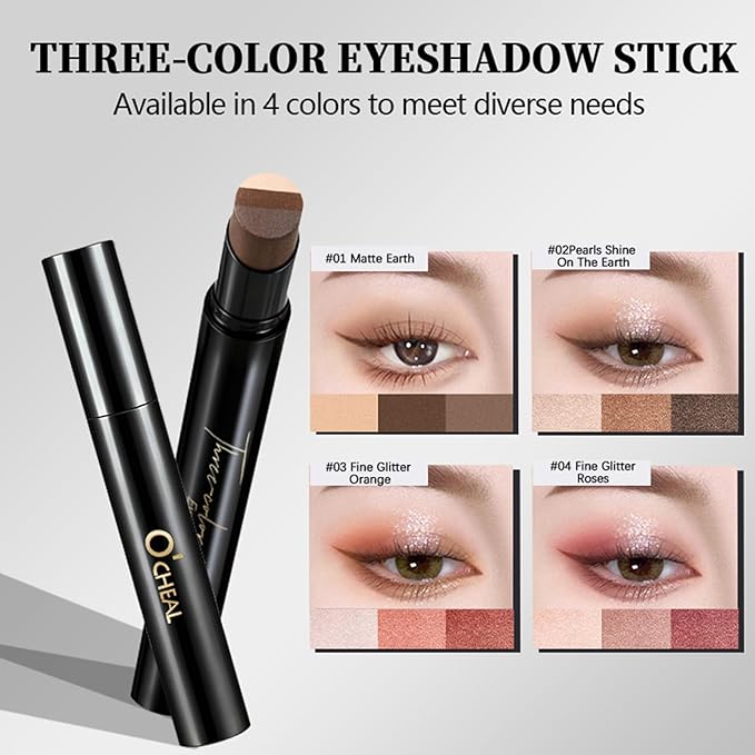O'CHEAL 4PCS Three Color Gradient Eyeshadow Stick Matte Shimmer Waterproof Long-lasting Crease-proof & easy to apply, suitable for dailymakeup touch-ups，Eye shadow pen set for Make Up
