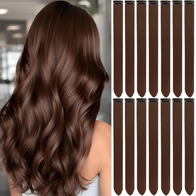 Colored Hair Extensions 14 PCS, 20 In Dream Rainbow Clip in Hair Extensions Party Highlights, Colorful Long Straight Synthetic Hairpieces for Girls Women Kids Gift(Light Brown)