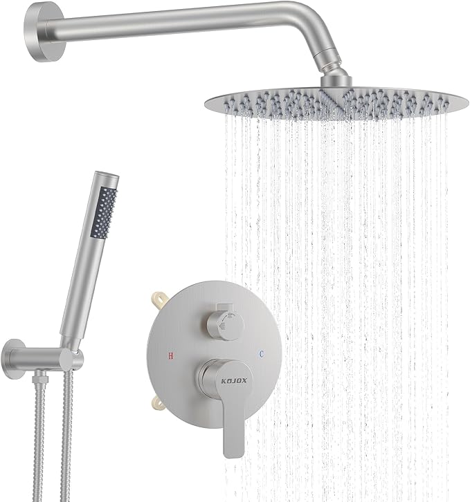 KOJOX 10 Inch Brushed Nickel Shower System with High Pressure Rain Shower Head, Handheld Shower Head, Bathroom Mixer Shower Set Wall Mounted Shower Faucet Rough-in Valve and Trim Kit