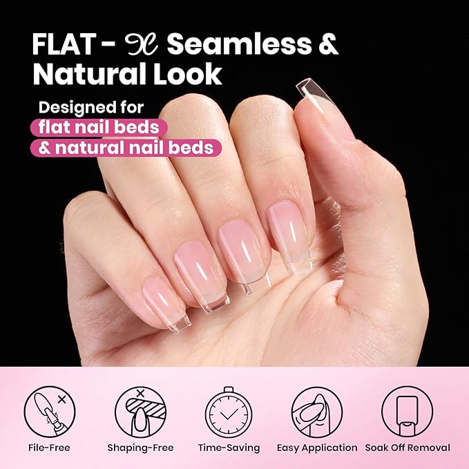 Beetles Gel Nail Tips Flat-X - Almond Coffin Short, 320pcs 16 Sizes, Pre-Etched Half Matte Full Cover Soft Acrylic Press on Easy DIY False Nail Extension Salon for Flat & Natural Nail Beds