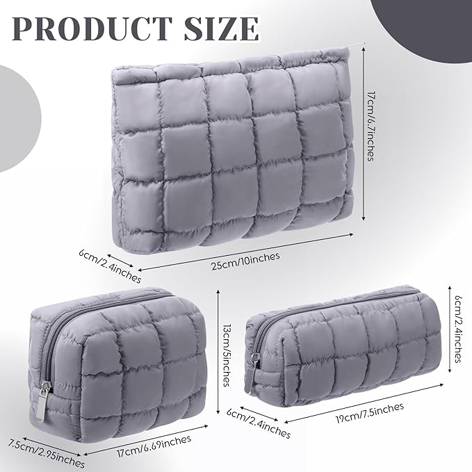 Huhumy 3 Pcs Puffy Makeup Bag Quilted Cosmetic Pouch for Women Cute Checkered Travel Toiletry Bag Puffer Makeup Organizer Purse Pouch Preppy Pencil Case with Zipper
