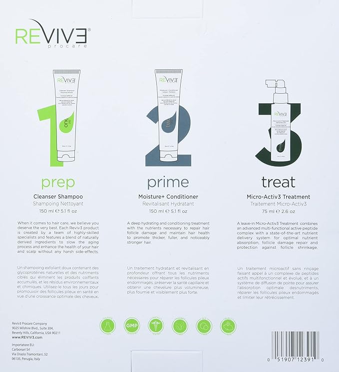 REVIV3 Procare 30 Day Trial Kit - 3-Part System for Fine and Thinning Hair - Sulfate and Paraben Free - Leave-In Hair Treatment Shampoo and Conditioner - Thinning Hair Treatment for Men and Women