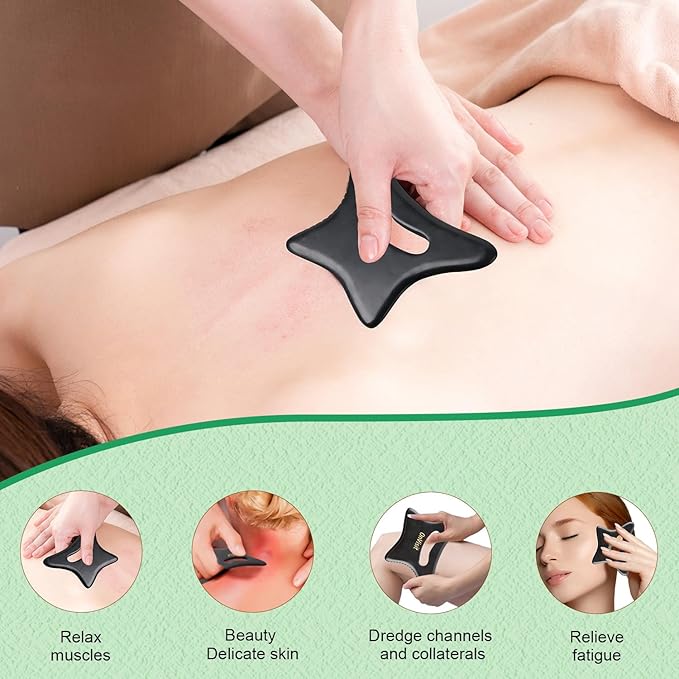 Full Body Gua Sha Tool and Facial Massage Tools, Ergonomic Bian Stone Handle Guasha Scraping for Neck/Arm/Back/Legs andtomach Masseger for Lymphatic Drainage & Cellulite(Black, Large)