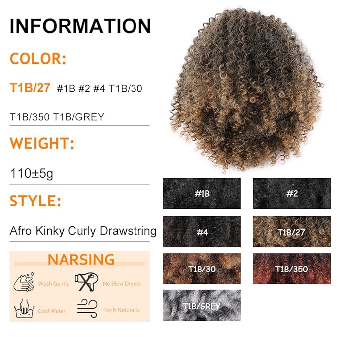 Drawstring Ponytail Afro Kinky Curly for Black Women Short Wave Synthetic Ponytail Hair Extension(T1B/27)