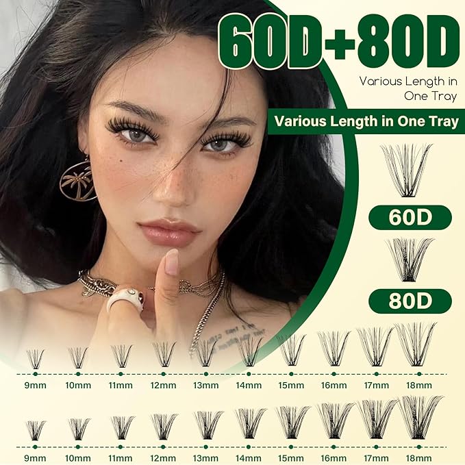 KEYYOU Lash Clusters Kit Thick Lash Extension Kit with 280pcs Super Soft 60D+80D D Curl 10-18MIX Lash Clusters for Volume Fluffy Look with Bond&Seal and Applicator DIY at Home