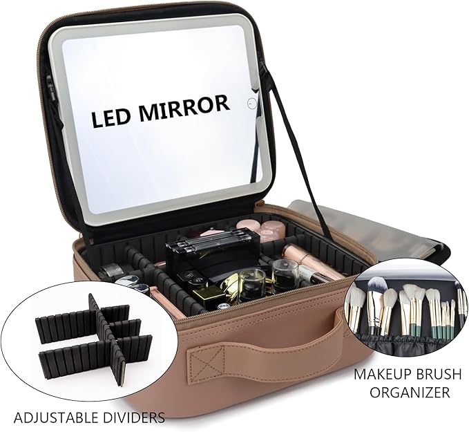 SLUMAZI Travel Makeup Bag with LED Mirror Travel Makeup Organizer with 3 Lighted Settings, Adjustable Dividers and Makeup Brush Storage Bag Mocha