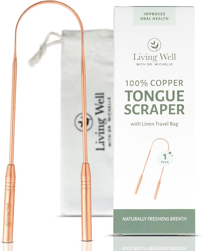 Living Well with Dr. Michelle Copper Tongue Scraper - Premium Metal Tongue Cleaner for Adults & Kids - Eliminate Bad Breath & Enhance Oral Hygiene - Includes Travel Bag