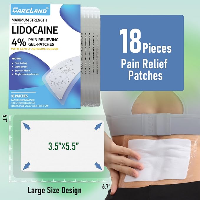 CARELAND 4% Lidocaine Patches 18 Pcs Waterproof Maximum Strength Back Pain Relief Products Patches with Strong Adhesive Border, for Neck Knee Nerve Shoulder Pain Relief Muscle Relaxer, Super Sticky