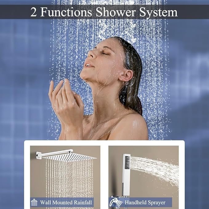 YCAIKOI Shower Faucet Set 16 Inch Wall Mount Rain Shower System, All Metal Shower Fixtures - Polished Chrome