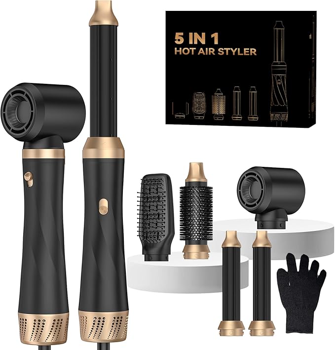Hair Dryer Brush 5 in 1, Blow Dryer Brush Set with Air Curler Wrap Hair Styler, Negative Ionic Blow Dry Brush, Detachable Hair Tool for Curling, Volumizer,Straightener,Drying