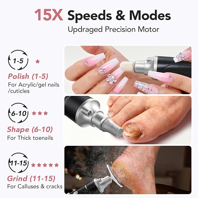 Litbear Electric Nail Drill File for Hand Feet Care, 15 Speed Professional Nail Grinder for Thick Toenails, Cordless Pedicure Manicure Set for Women Men Senior, Home Salon Use (Black)