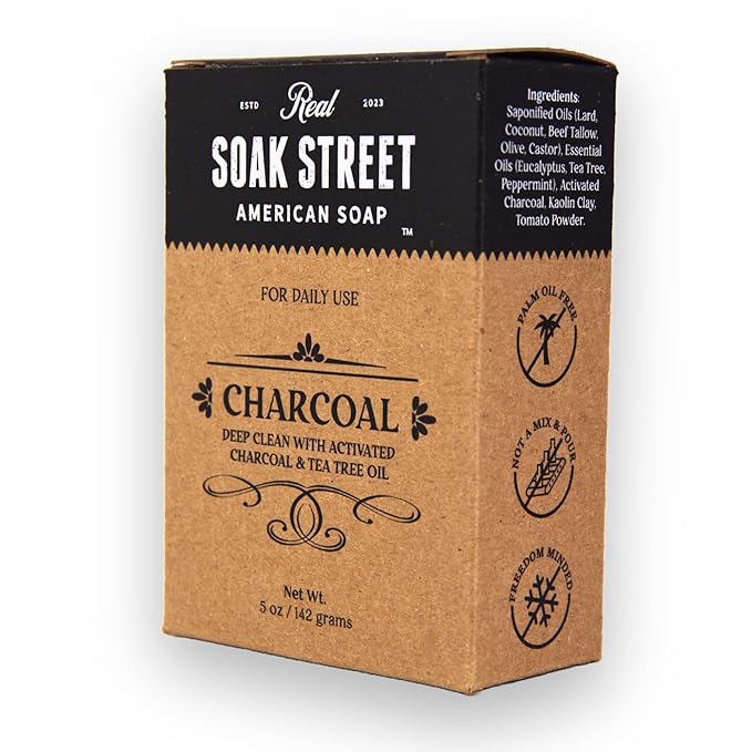 Soak Street Real American Soap with Activated Charcoal & Tea Tree Oil (3 Pack) – Long-Lasting, Moisturizing Natural Bar Soap with Grass Fed Tallow, Gentle Conditioning Lard, & Coconut Oil – Daily Use