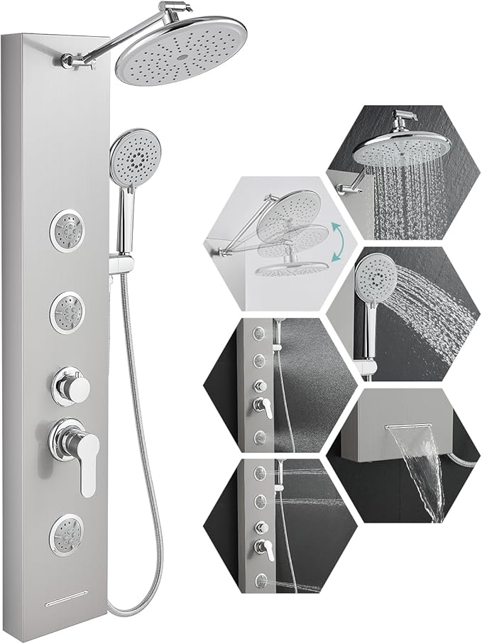 KINKIB Shower Panel Tower System with Adjustable Shower Head, Self-Cleaning Shower Tower with 2-Setting Powerful Body Jets and 5-Function Handheld Shower, Shower Column Brushed Stainless Steel