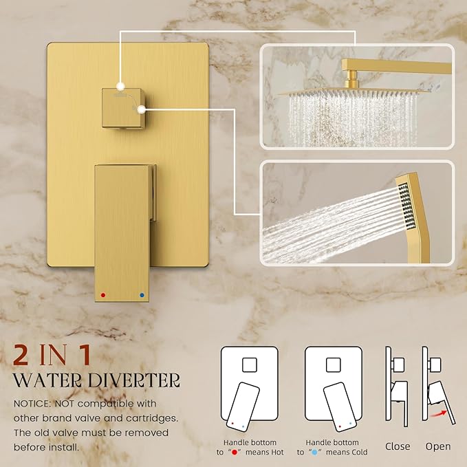 Longriver Shower Faucet Set, Shower System Bathroom High Pressure 12 Inches Rainfall Shower Head with Handheld Spray, Wall Mounted Shower Fixtures with Shower Valve and Trim Kit, Brushed Gold