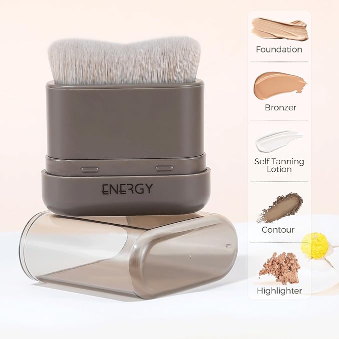 ENERGY Kabuki Foundation Brush with Cover – Adjustable Head, Small Travel Makeup Brush for Cream, Liquid, Powder, Bronzer or Highlight, Face Contour Brushes for Easy Blending, Self Tanner Mini