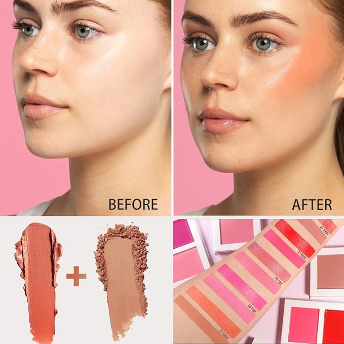 Coral Blush for Cheeks, Highly Pigmented Powder Cream Free (07#)