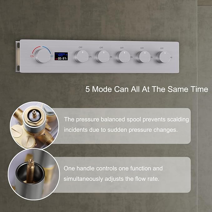 KATAIS Brushed Nickel 16X24 inch Ceiling Mounted Shower Head Set(Rain&Waterfall&Mist 3 Modes), Digital Display Shower System with 6 PCS Body Jet and Handheld Spray
