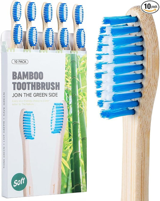 Bamboo Toothbrushes 10 Count, Soft Plant-Based Bristles, Natural Wooden Toothbrush for Adults, Biodegradable Travel Tooth Brushes