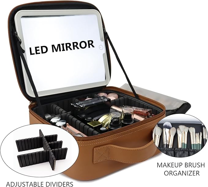 SLUMAZI Travel Makeup Bag with LED Mirror Travel Makeup Organizer with 3 Lighted Settings, Adjustable Dividers and Makeup Brush Storage Bag Brown