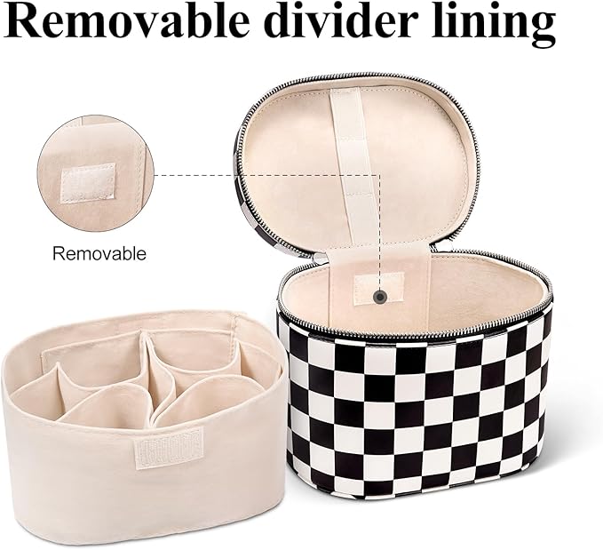 honitty Makeup Bag, Checkered Makeup Bag with Compartments and Handle, Portable Cosmetic Organizer Bags,Toiletry Bag for Women