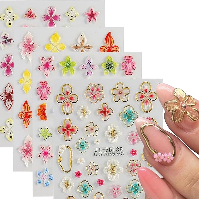 4 Sheet Flower Nail Art Stickers 5D Embossed Nail Decals Spring Nail Flower Stickers Colorful Floral Nail Art Design Gold 3D Self-Adhesive Acrylic Nails Art Supplies for Women Girls