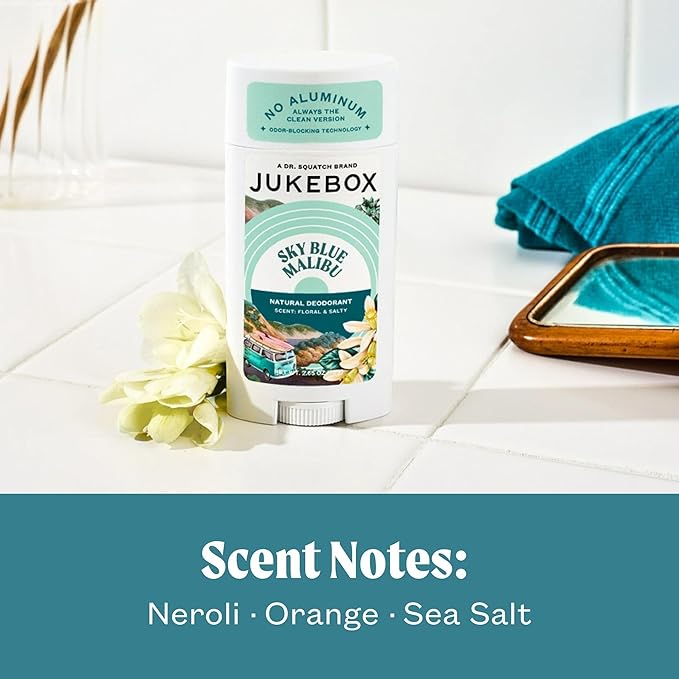 JUKEBOX Natural Deodorant for Women–Sky Blue Malibu Scent- Aluminum-Free, No Baking Soda, No Harsh Chemicals, Odor Blocking Technology, Neroli, Orange, Sea Salt-a Dr. Squatch Brand-2.65oz