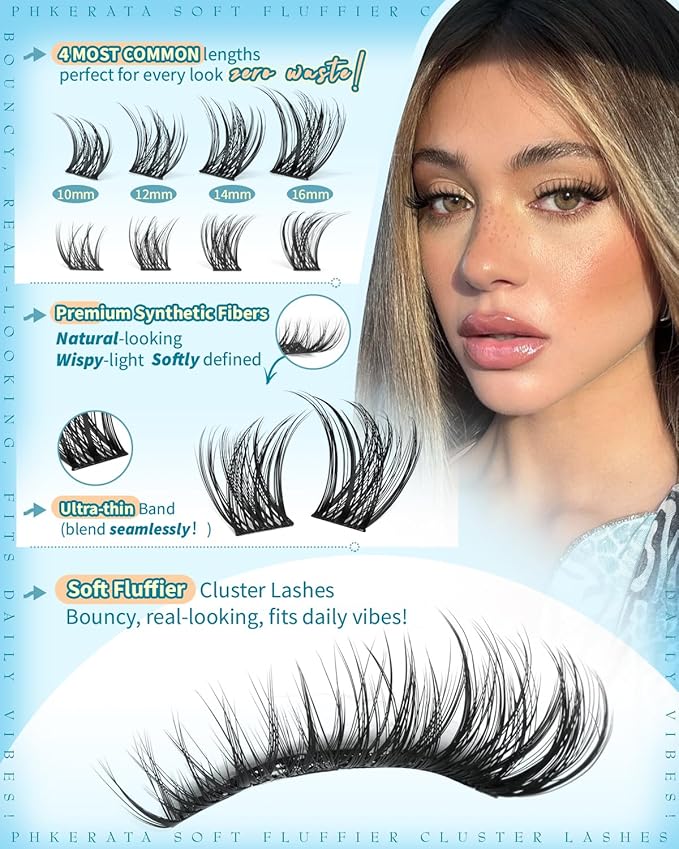 Wispy Lash Clusters Naural Eyelash Clusters Extensions C Curly Individual Lashes Clusters DIY Eyelash Extension with Wide Soft Thin Band,10-16MM,180Pcs