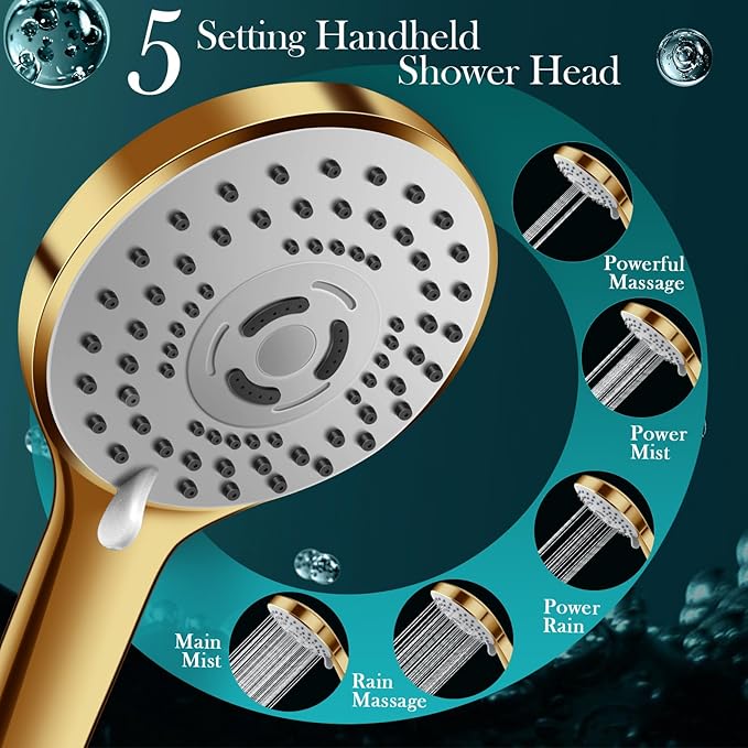 12'' Gold Rain Shower Head, High Pressure Rainfall Shower Head with 16 inch Adjustable Extension Arm，Flexible Adjust Height and Angle, 5 Setting Spray Handheld Shower Head, Anti-leak