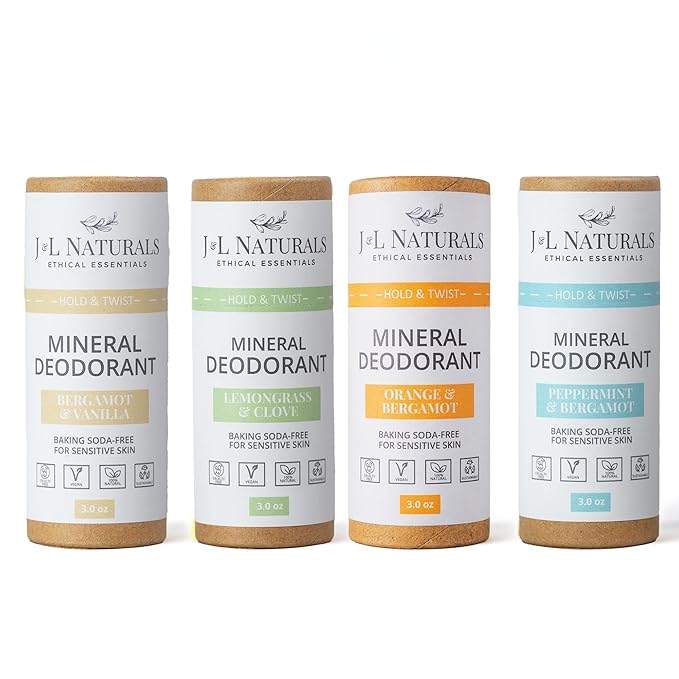 J&L Naturals Mineral Deodorant | Baking Soda-Free, 100% Natural, Sustainable Skin Care | Sensitive Deodorant For Women & Men | Aluminum Free, Vegan, Cruelty-Free (Citrus & Spicy, 3 Oz (Pack of 4))