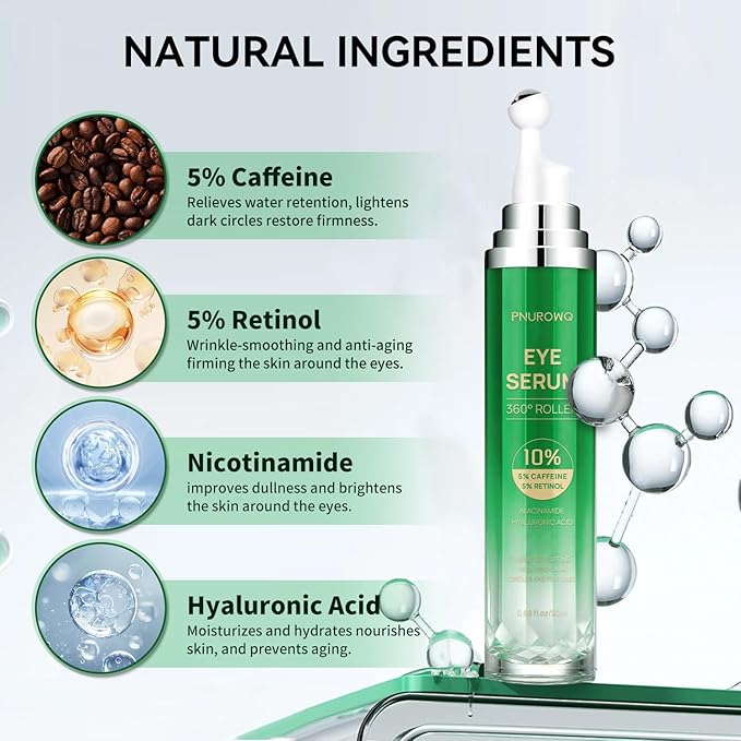 5% Caffeine & Retinol Eye Cream for Dark Circles, Bags, Puffiness & Wrinkles - Anti Aging Under Eye Serum with 360° Roller Ball - Men & Women Dark Circle Treatment