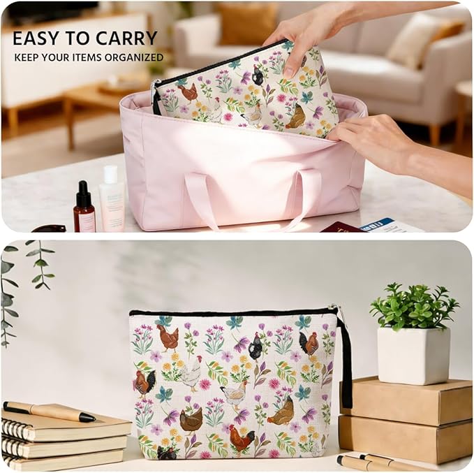 Floral Chicken Makeup Bag, Chickens Stuff Cosmetic Bags for Women Friend Daughter Chicken Lady Mom Gifts Travel Bag for Birthday Graduation