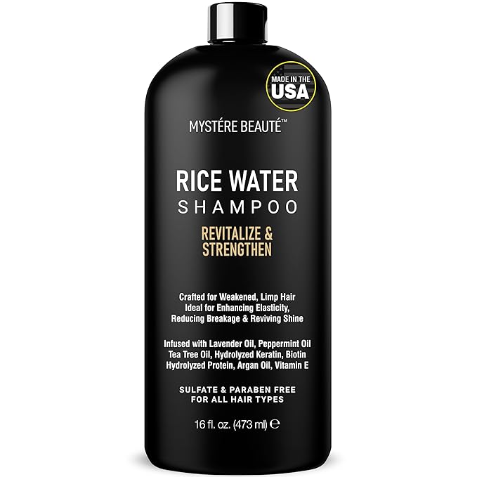 MYSTÉRE BEAUTÉ Rice Water Shampoo - Rice Shampoo, Promotes Hair Growth, Revitalizes, Shines and Sheilds from Damage, Infused with Essential Oils, Sulfate & Paraben Free - for Men Women - 16 fl oz