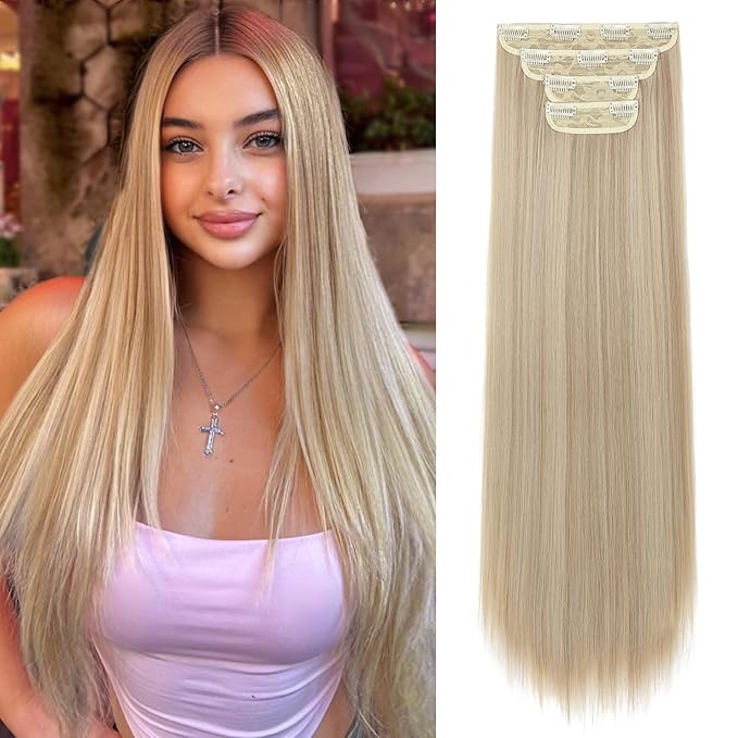 REECHO 28" Straight Long 4 PCS Set Thick Clip in on Hair Extensions -Dark Ash Blonde