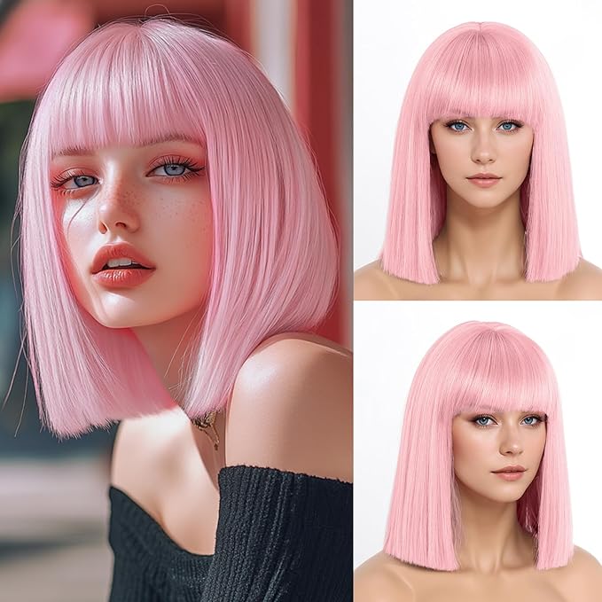 Pink Wig With Bangs Short Bob Straight Wigs for Women Shoulder Length Pink Natural Looking Synthetic Heat Resistant Fiber Wigs for Halloween Costumes Cosplay Daily Use(12 Inch)