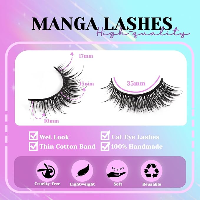 Losha Lashes Wispy Volume Manga Lashes Spiky False Eyelashes 14 Pairs Natural Anime Eye Lashes Kit with Lash Glue and Lash Tweezers Asian Fake Eyelashes (Vivid)