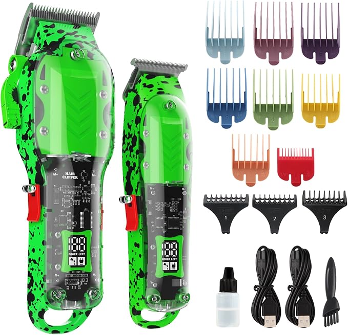 Professional Hair Clippers for Men, Cordless Barber kit for Hair Cutting & Grooming, Hair Clippers and Trimmer Set for Barber Haircut with LED Display, 8 Fade Taper Combs(Green Set)