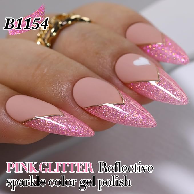 Double Rhythm 15ML Glitter Gel Polish Shimmer Reflective Holographic Color Magnetic for Nail Art Salon DIY at Home (Pink-B1154)