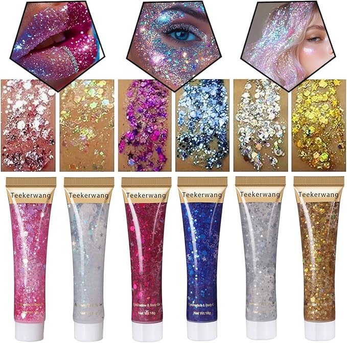 Miss Demi 6 Colors Face Body Glitter, Halloween Hair Glitter Sparkles Chunky Face Glitter Gel, Holographic Glitter Gel Set for Face and Body Makeup, Festival Party Decoration Rave Accessories. (01)