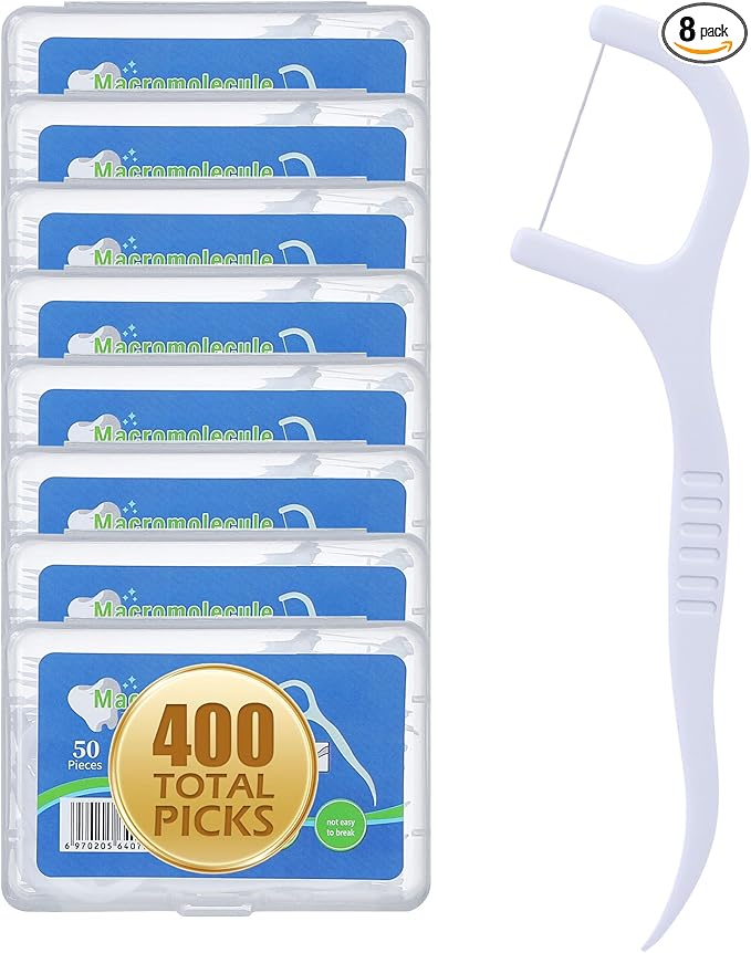 Aussumy 400 Count Dental Floss Picks – Built-in Toothpicks for Deep Cleaning, Comfortable Handle to Remove Plaque & Protect Gums – Family Pack with 50 Picks per Portable Case for Adults & Kids