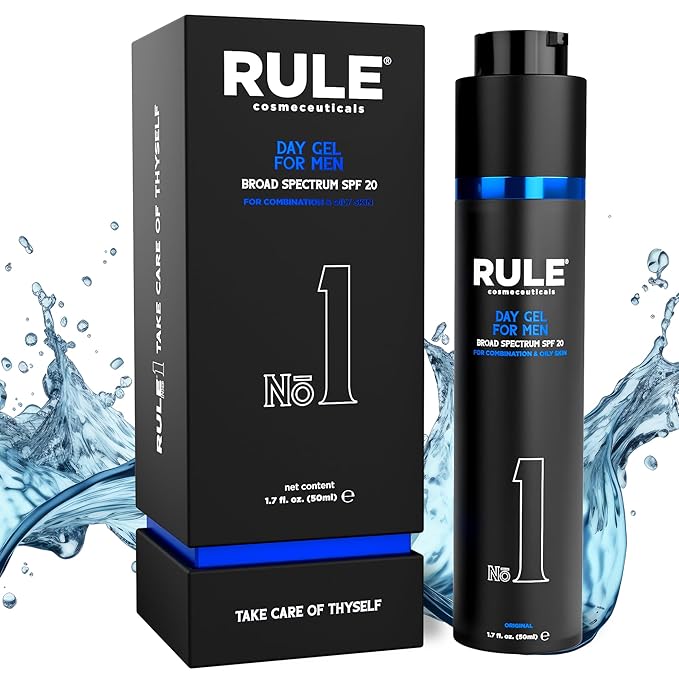 RULE COSMECEUTICALS No.1 Day Gel for Men, 10-in-1 Anti-Aging Face Moisturizer to Reduce Wrinkles, SPF 20, Collagen, Vitamins B, C & E - Combination & Oily Skin - Original, 50 mL