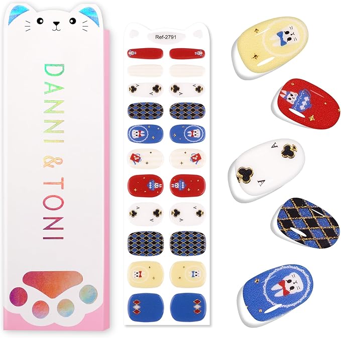 DANNI & TONI Kids Gel Nail Strips Bunny Poker Red Blue Salon-Quality Peel & Stick Manicure for Children (Age 6+)– Safe, Long-Lasting, Easy to Apply |Royal Sip