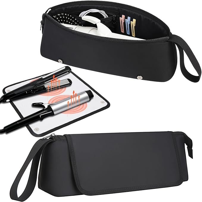 Hair Tools Travel Bag with Heat-Resistant Mat, Large Capacity Organizer for Curling Iron, Flat Iron, Blow Dryer & Hair Accessories, Portable Travel Case for Styling Tools (Midnight)